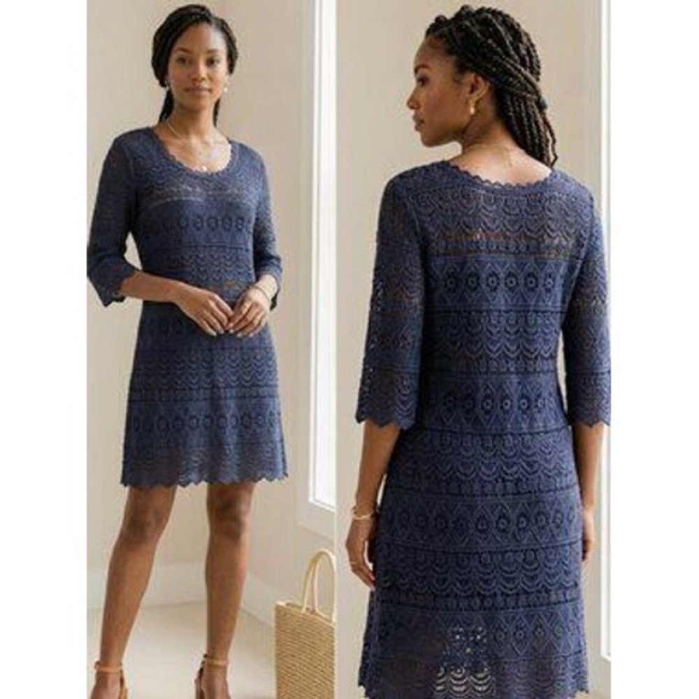Solitaire Ravi Khosla Navy Crochet Lace Shift Dress Womens Size M